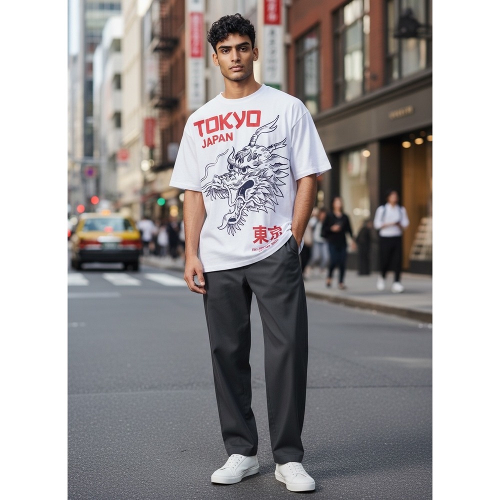 Brisco Brands Graphic Tee Mens Medium White New Tokyo Japan Dragon‎ Quote Shirt
